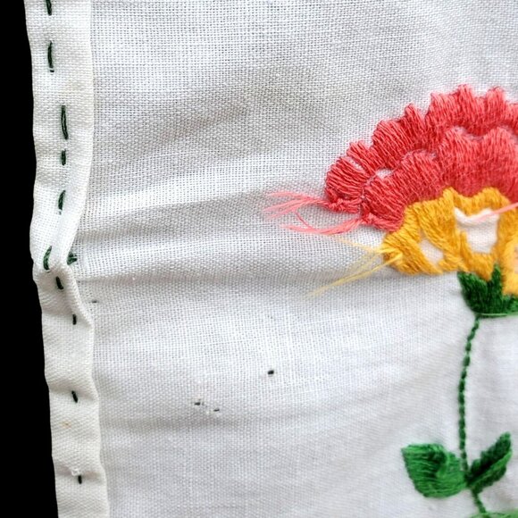 Hand Embroidered White Cotton Table Runner Cloth 21 x 22 Pink Yellow Flowers - Picture 7 of 8
